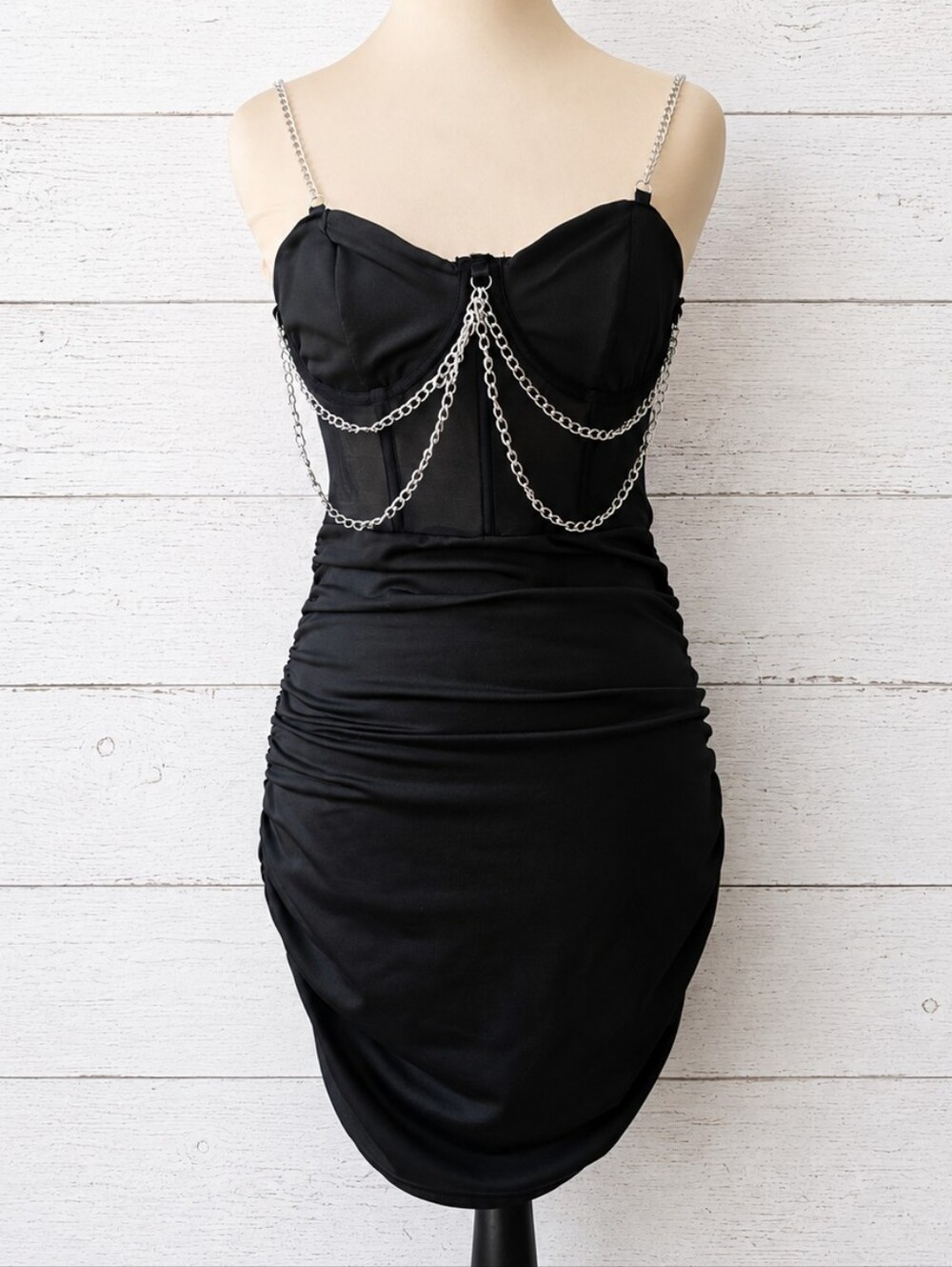 Black Chain-Detail Ruched Bustier Dress